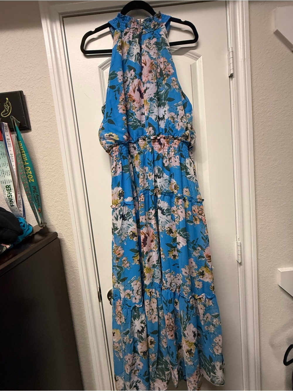 Nina Leonard Blue Floral Halter Maxi Dress Size 1X Smocked Waist - Picture 7 of 10